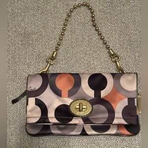 Auth. Coach Vintage Amanda Satin Multicolor Op Art Clutch with Gold Chain!